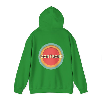 Unisex green hoodie with Toontronix Toons logo on the back, featuring a kangaroo pocket and adjustable drawstring hood.
