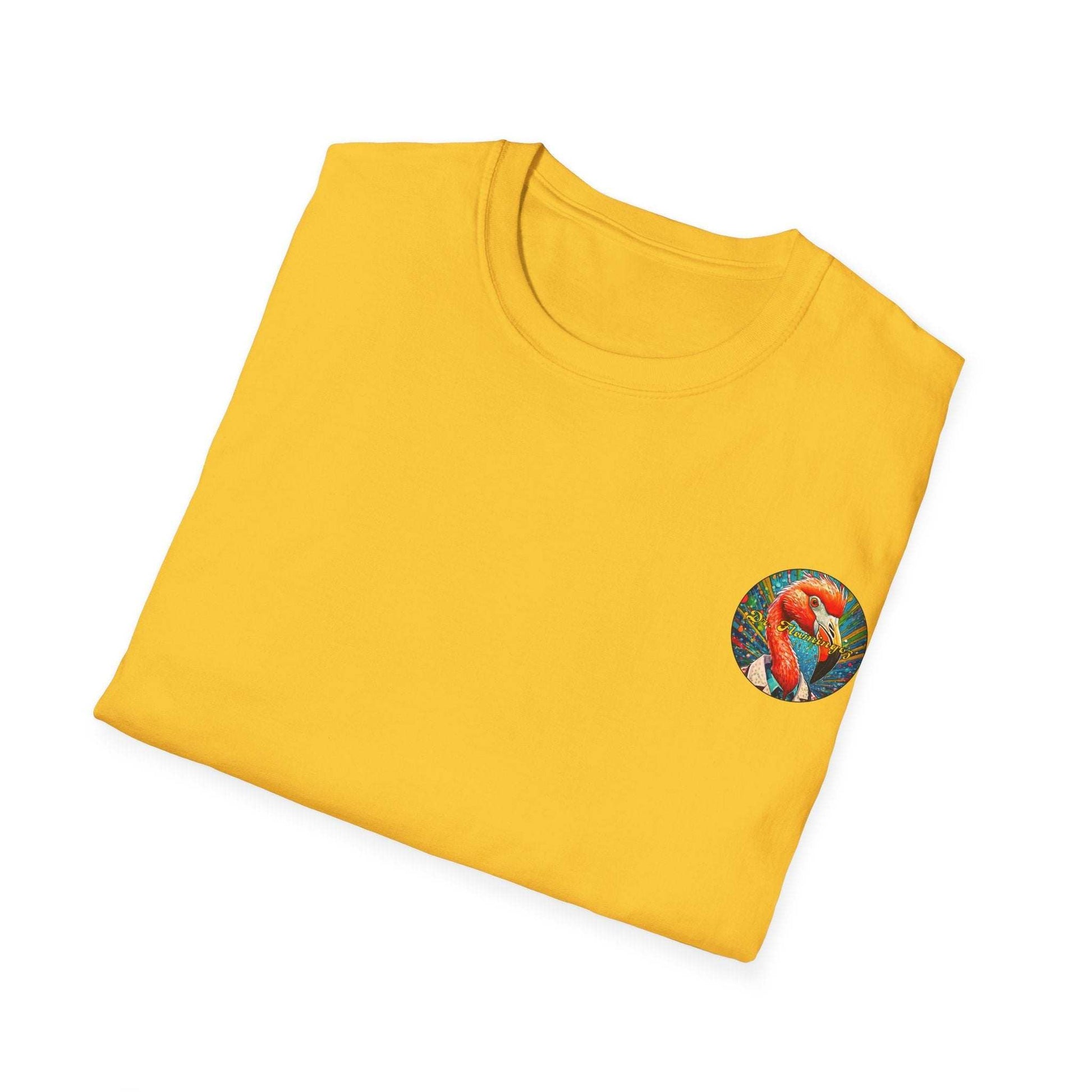 Vibrant Flamingo T-Shirt with Dr. Flamingoz design, unisex fit, yellow color.