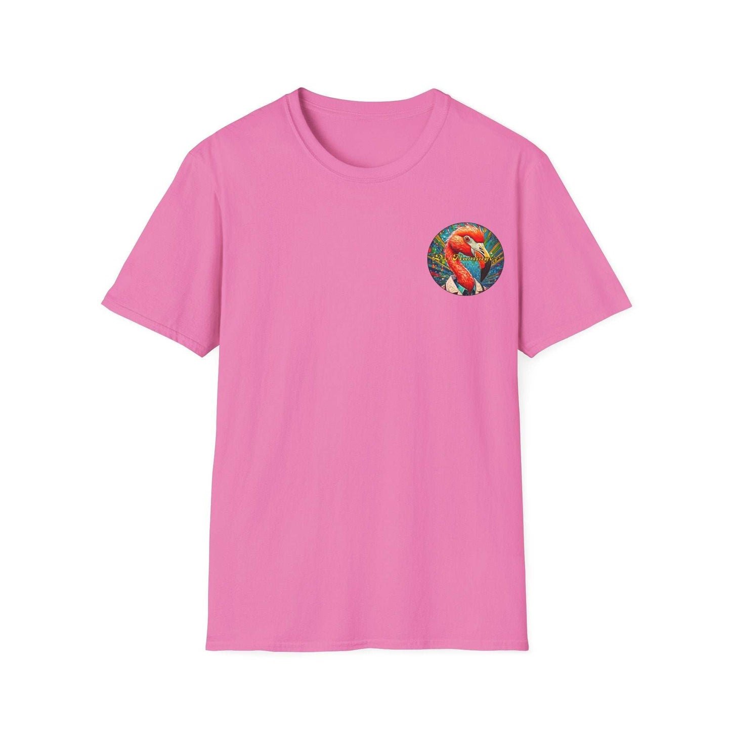 Vibrant pink Dr. Flamingoz unisex t-shirt with tropical design, casual summer wear.