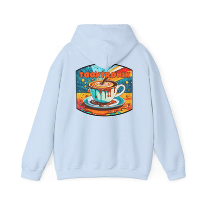 Unisex Toontronix Coffee Drip Hoodie with colorful coffee cup design on back.