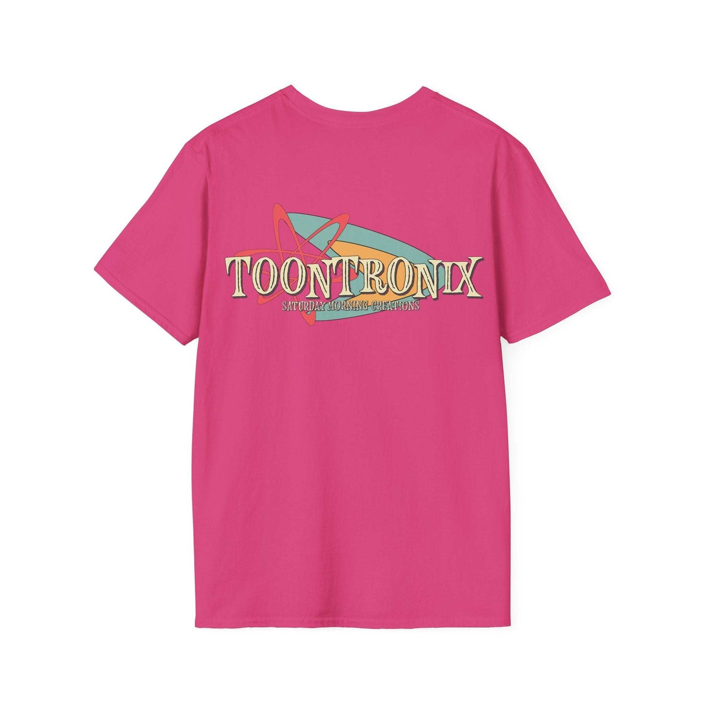 Toontronix Retro Logo Tee Unisex Shirt in pink with classic fit and colorful logo design.