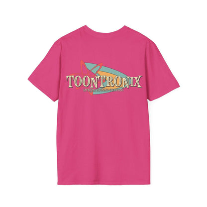 Toontronix Retro Logo Tee Unisex Shirt in pink with classic fit and colorful logo design.