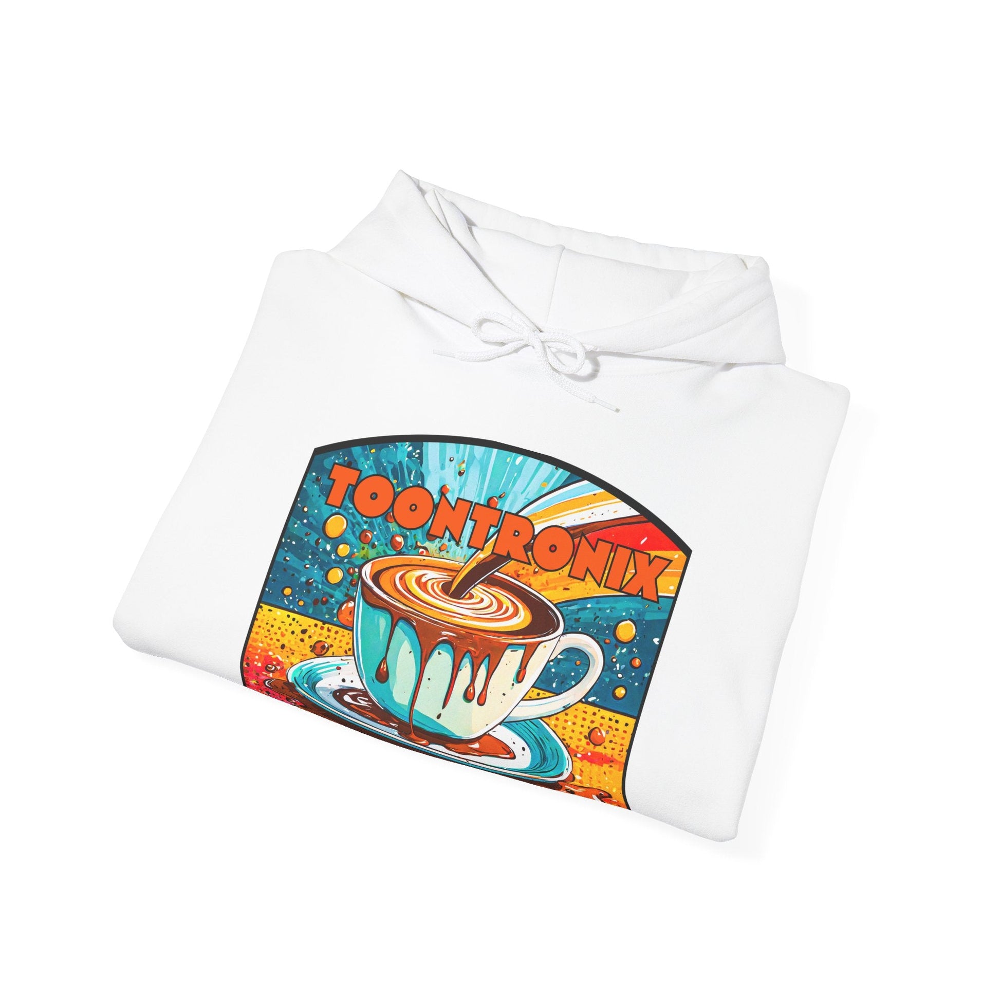 Unisex Toontronix Coffee Drip Hoodie with colorful design and cozy kangaroo pocket.