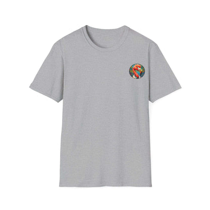 Vibrant Flamingo T-Shirt featuring Dr. Flamingoz design on a unisex gray tee.