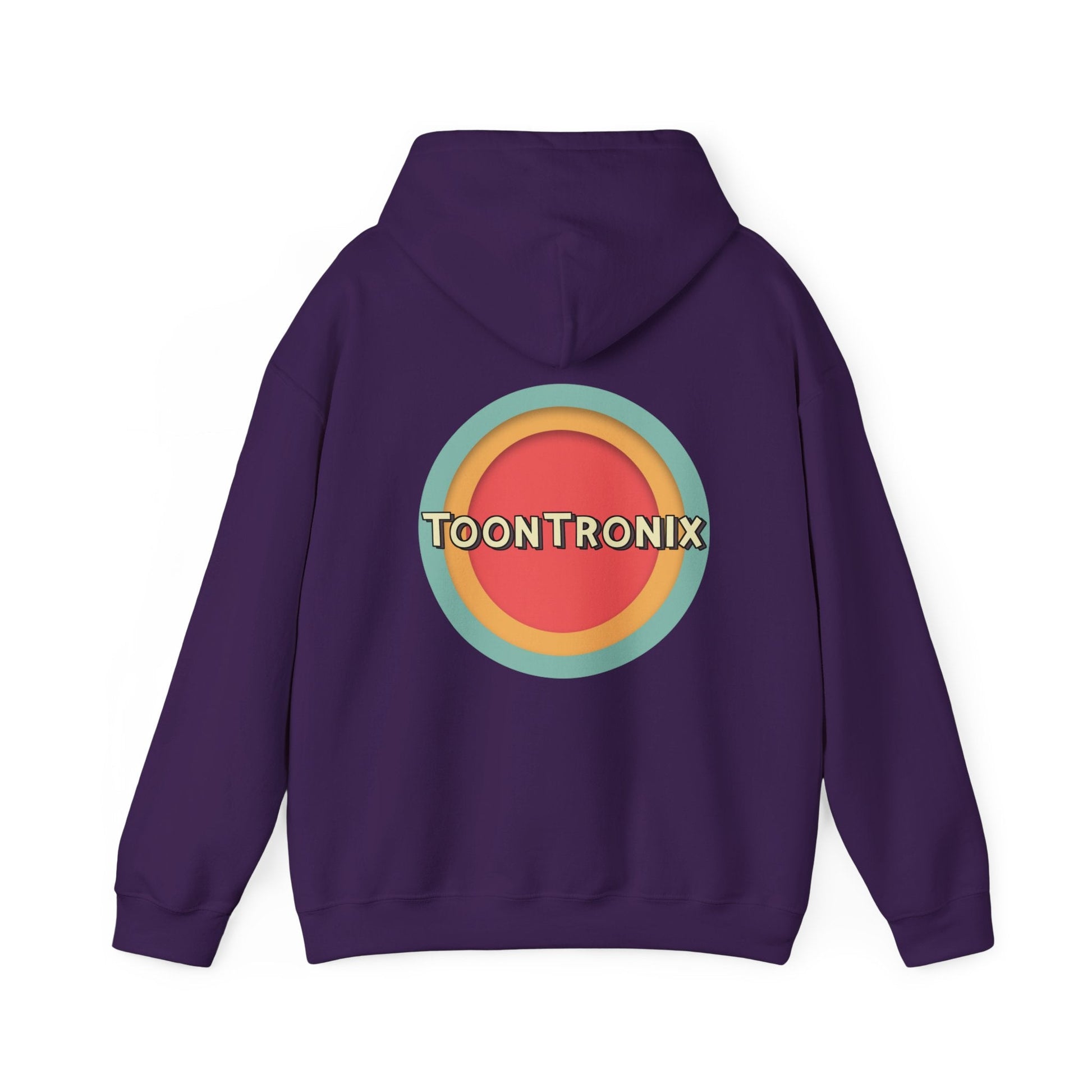 Unisex hoodie with Toontronix Toons logo on the back, featuring a classic fit and kangaroo pocket.