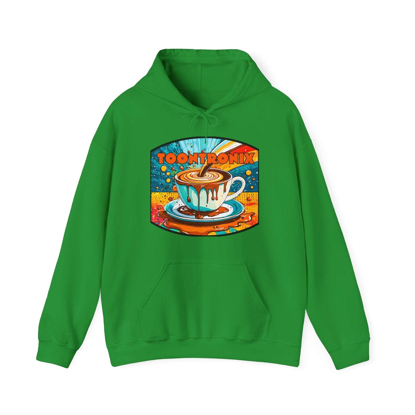 Unisex green Toontronix Coffee Drip Hoodie with kangaroo pocket and drawstring hood.