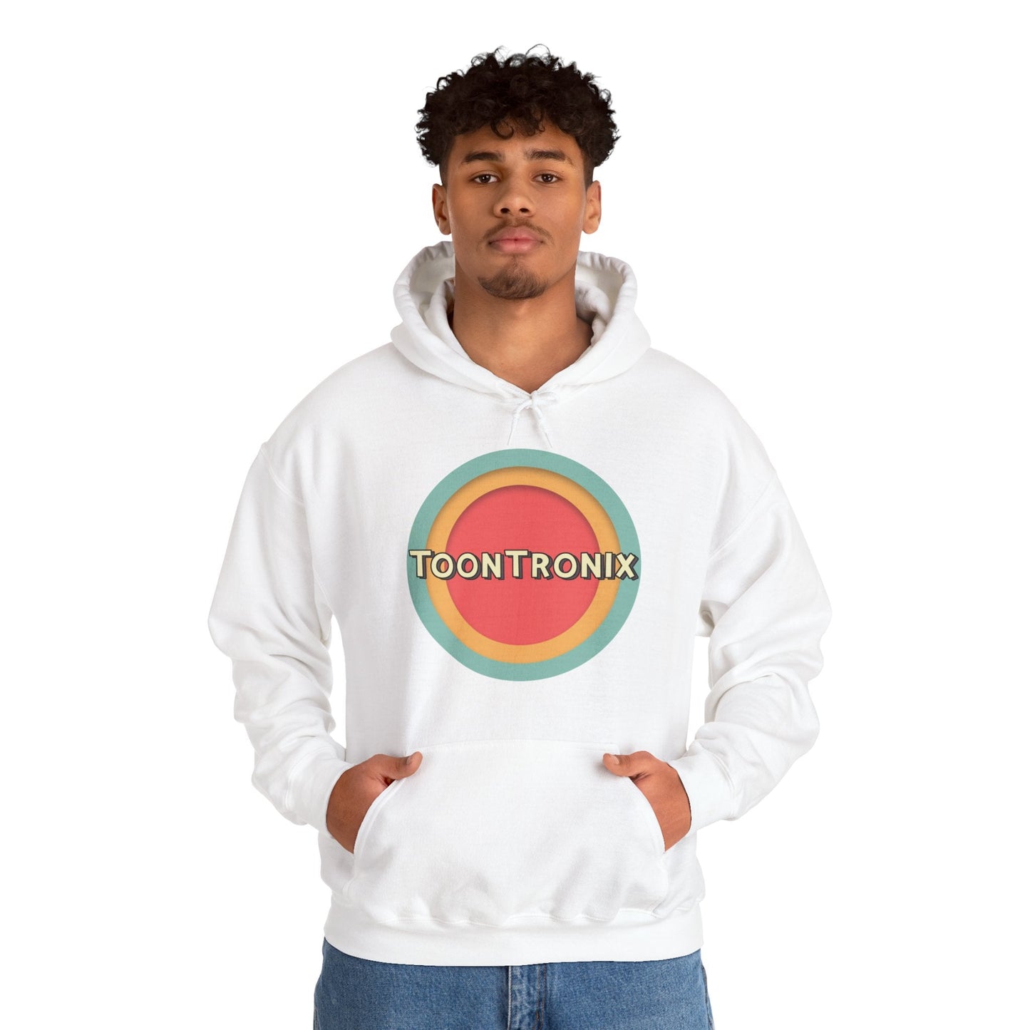 Toontronix Toons Logo Hoodie - Unisex Heavy Blend™ Sweatshirt, classic fit, soft fabric, spacious kangaroo pocket, adjustable hood, white.