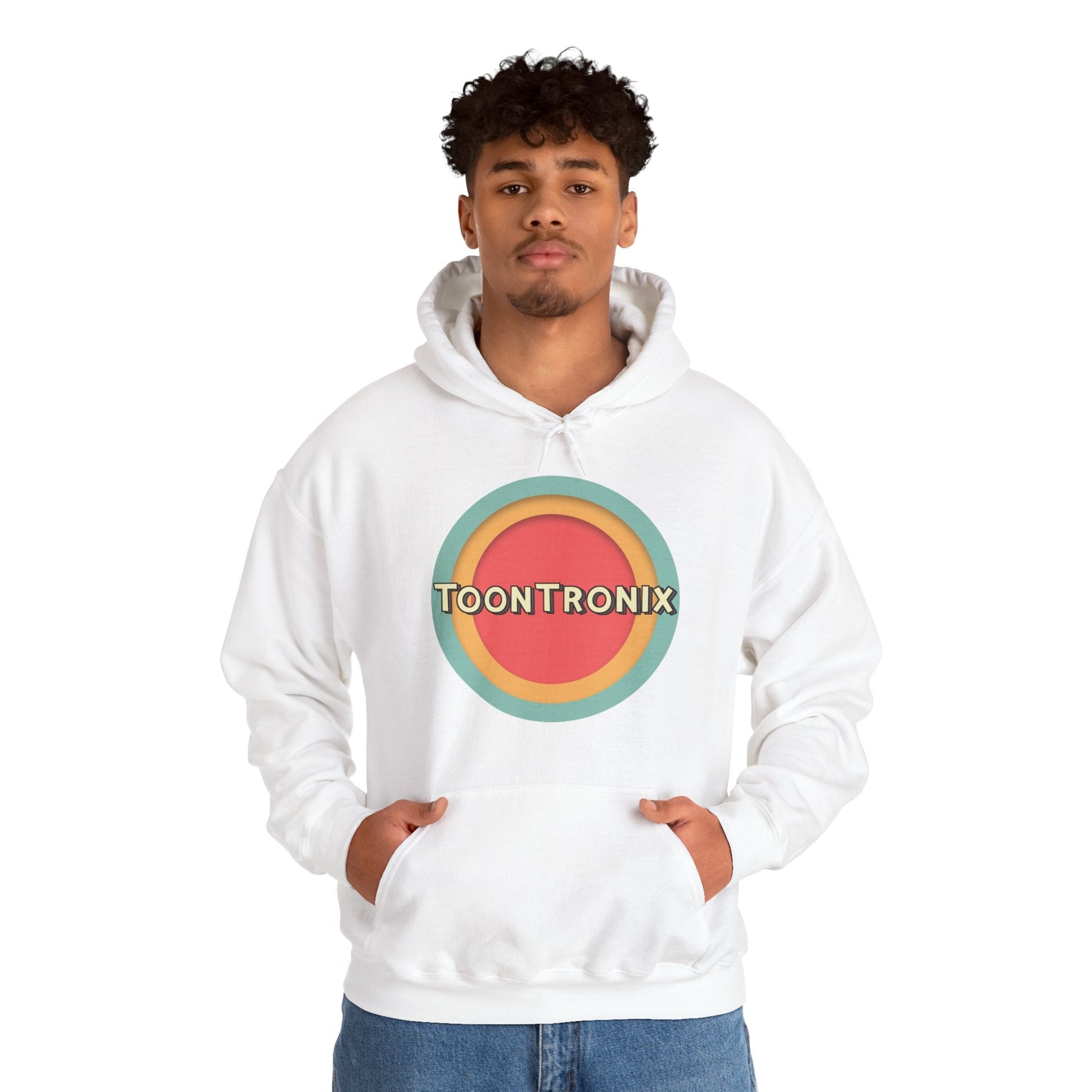 Toontronix Toons Logo Hoodie - Unisex Heavy Blend™ Sweatshirt, classic fit, soft fabric, spacious kangaroo pocket, adjustable hood, white.