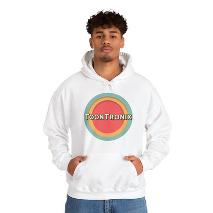 Toontronix Toons Logo Hoodie - Unisex Heavy Blend™ Sweatshirt, classic fit, soft fabric, spacious kangaroo pocket, adjustable hood, white.