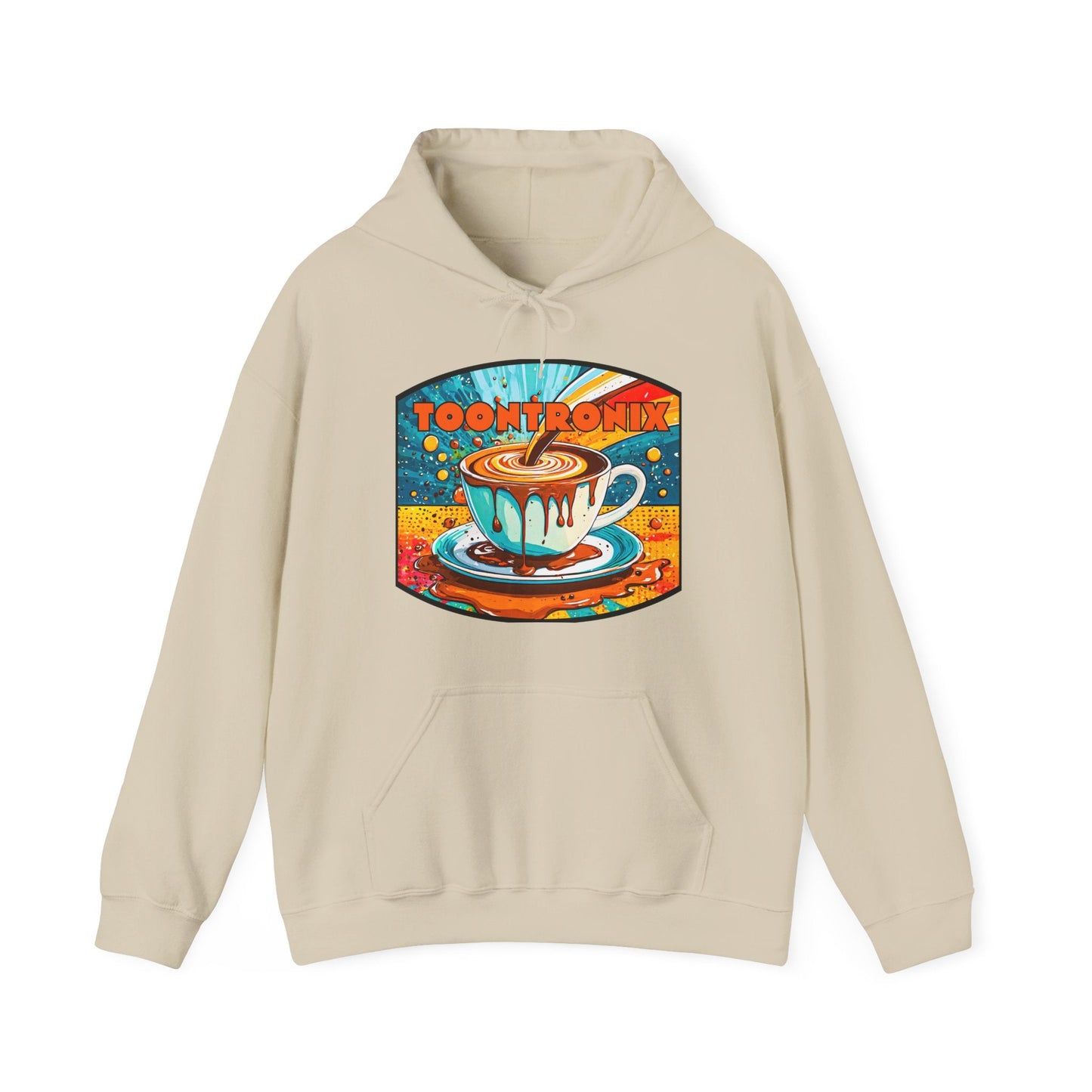 Unisex Toontronix Coffee Drip Hoodie with kangaroo pocket and drawstring hood.