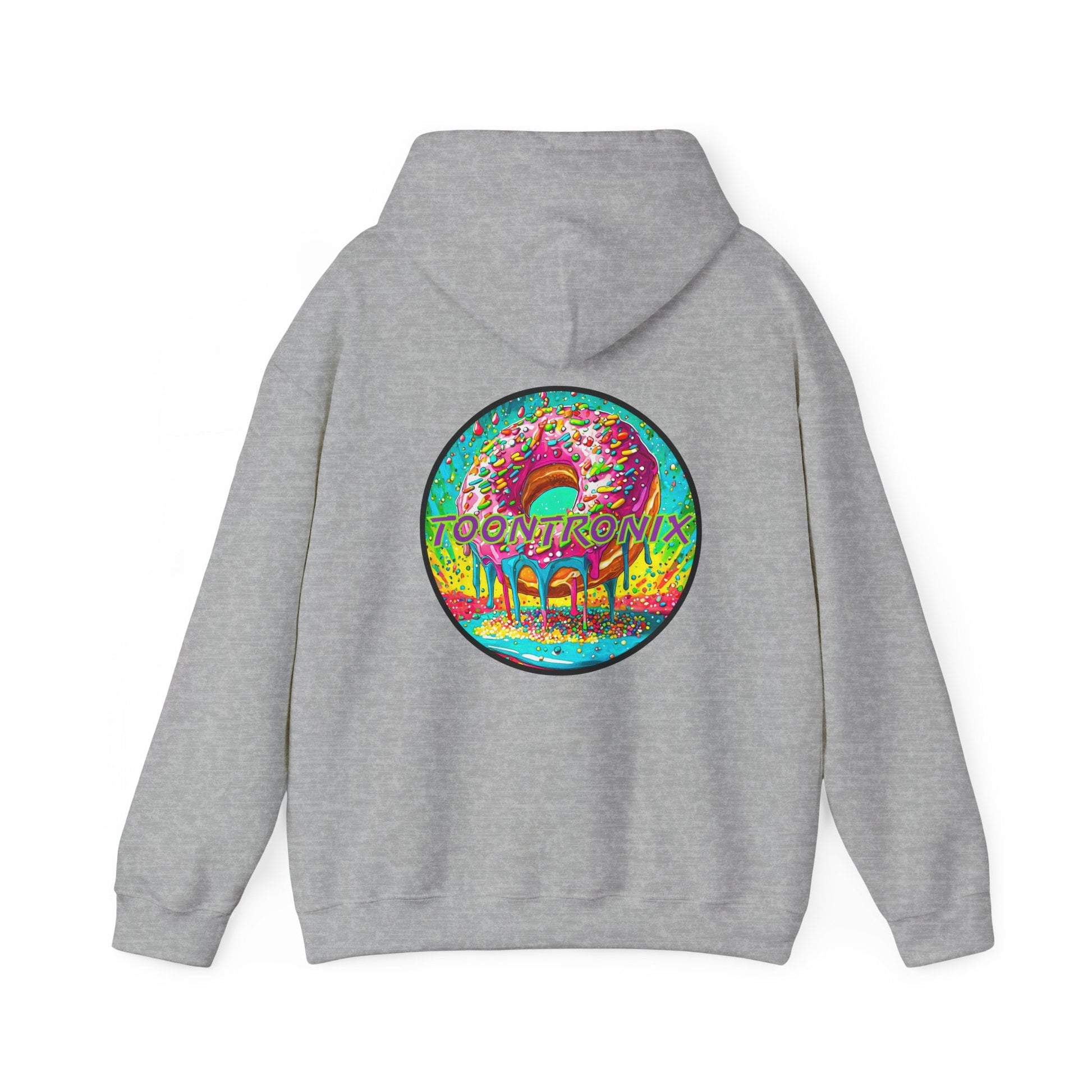 Unisex gray Toontronix Donut Hoodie with vibrant graphic on back, featuring warm kangaroo pocket and adjustable hood.