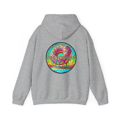 Unisex gray Toontronix Donut Hoodie with vibrant graphic on back, featuring warm kangaroo pocket and adjustable hood.
