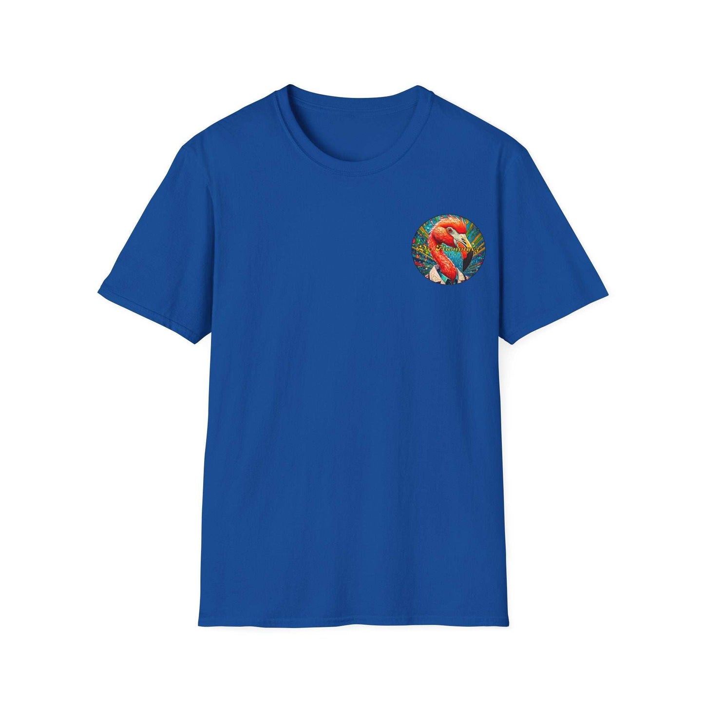 Vibrant blue Dr. Flamingoz unisex T-shirt with tropical design, perfect for casual summer wear and fans of animated characters.