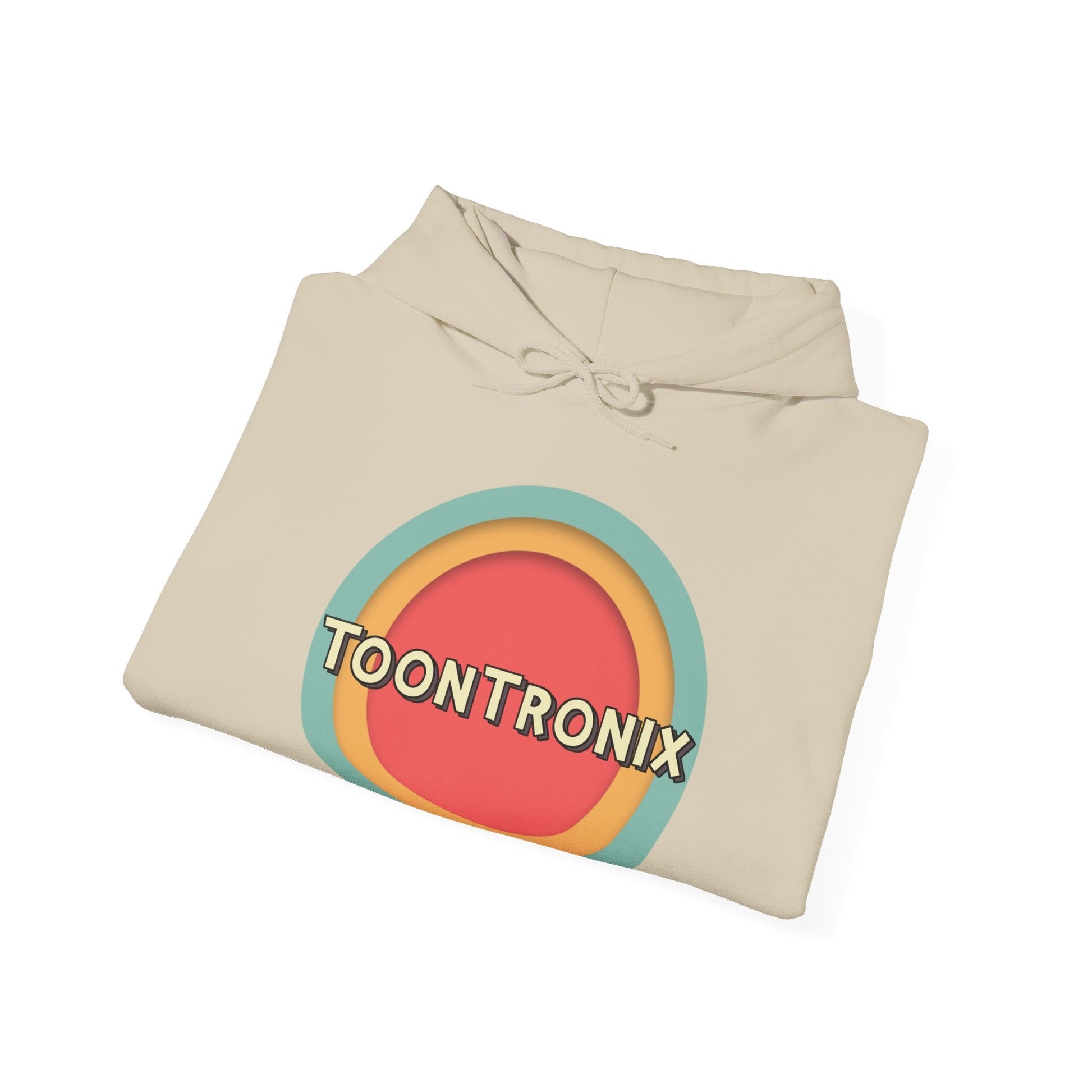 Unisex Toontronix Toons Logo Hoodie, beige, classic fit, kangaroo pocket, adjustable hood.