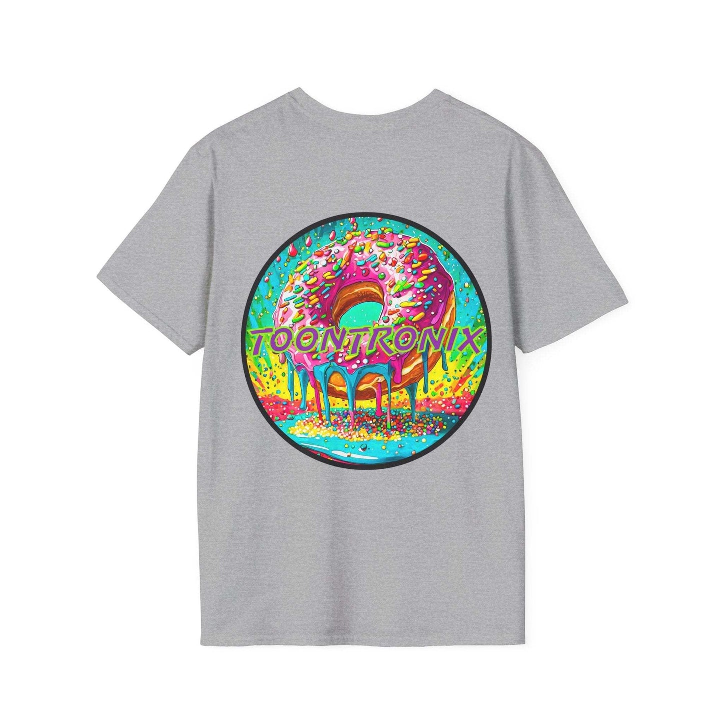 Toontronix Donut Tee with colorful donut graphic, unisex fit, 100% cotton.