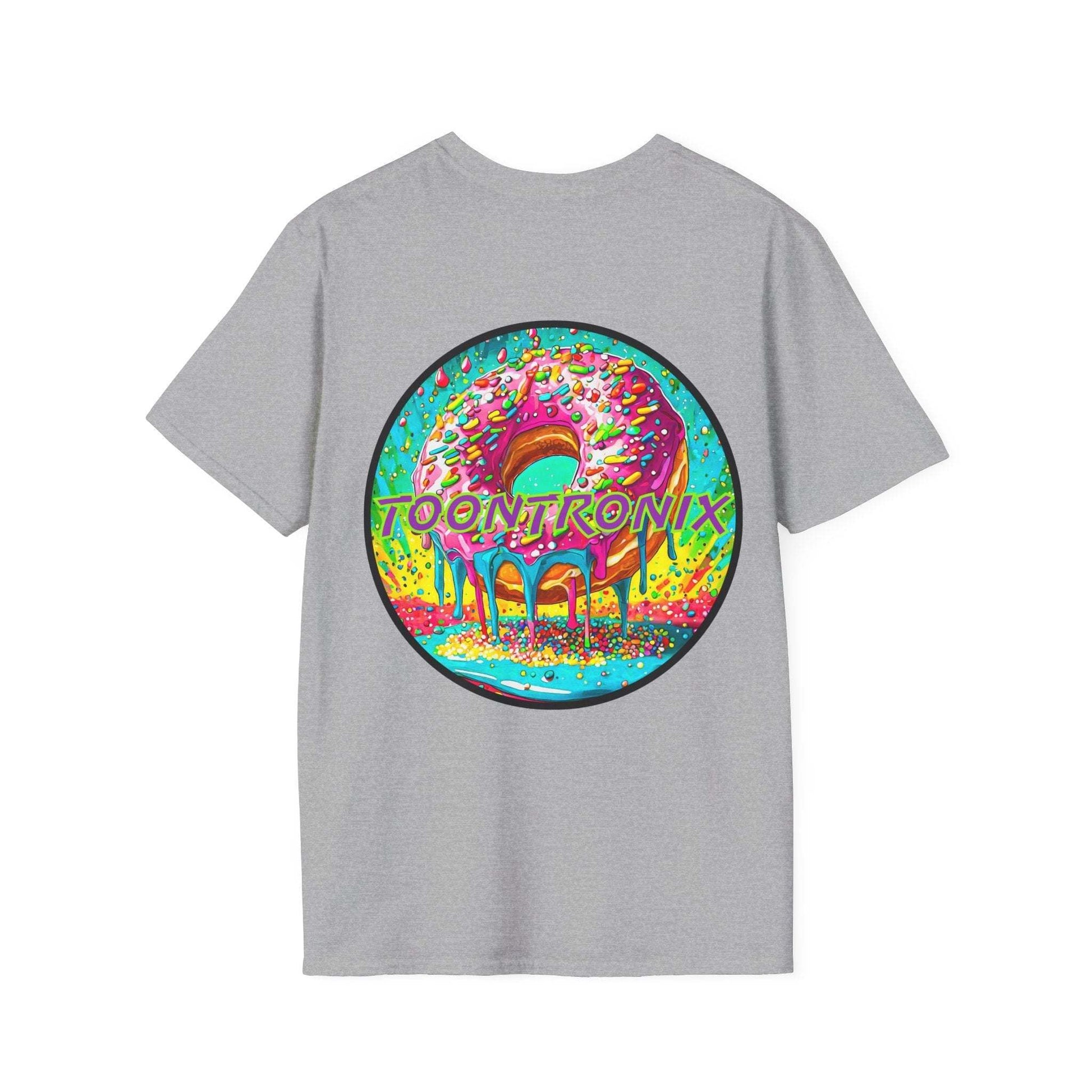 Toontronix Donut Tee with colorful donut graphic, unisex fit, 100% cotton.