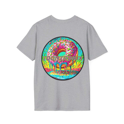 Toontronix Donut Tee with colorful donut graphic, unisex fit, 100% cotton.