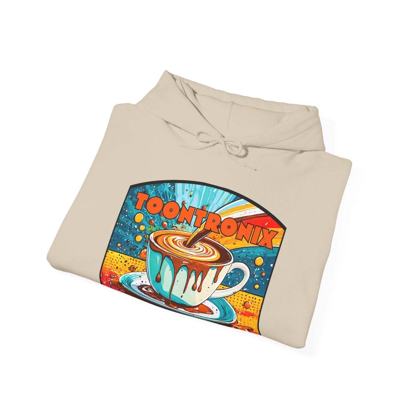 Unisex Toontronix Coffee Drip Hoodie with colorful design, soft heavy blend fabric, and kangaroo pocket.