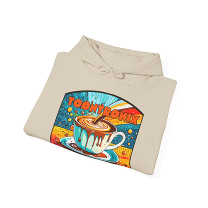 Unisex Toontronix Coffee Drip Hoodie with colorful design, soft heavy blend fabric, and kangaroo pocket.