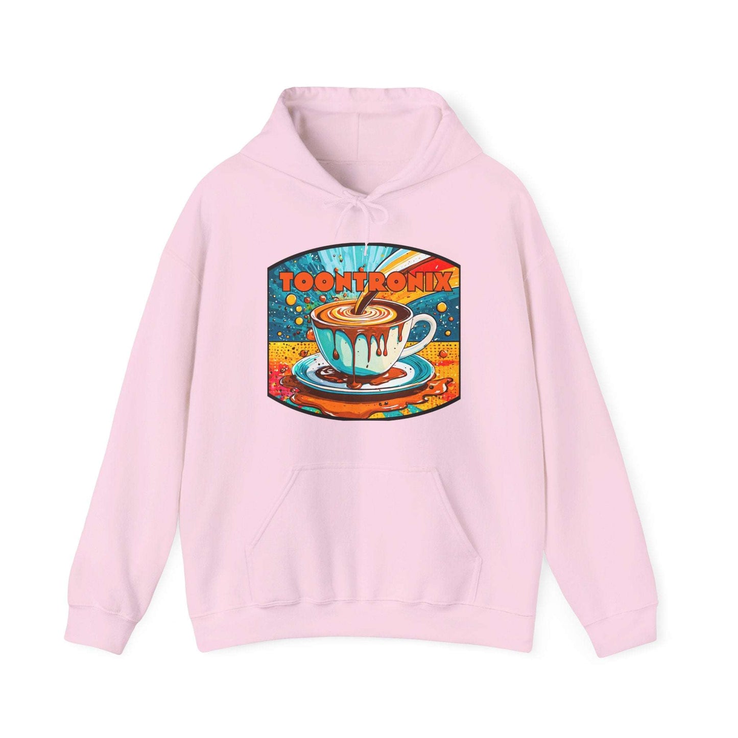Unisex Toontronix Coffee Drip Hoodie in pink with kangaroo pocket and coffee cup design.