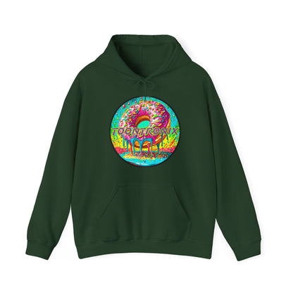 Unisex Toontronix Donut Hoodie featuring colorful logo on front.