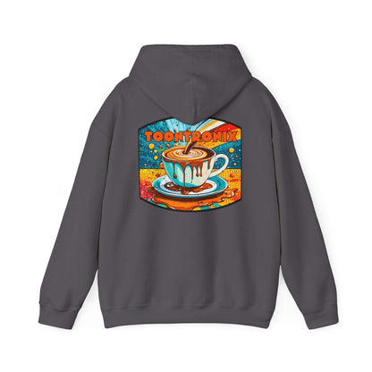 Unisex gray hoodie with colorful coffee cup graphic, Toontronix logo, and adjustable drawstring hood.