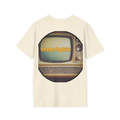 Toontronix Atomic Tv Tee with vintage cartoon design on beige fabric.