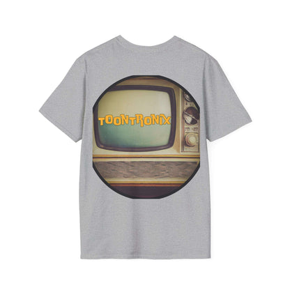 Toontronix Atomic Tv Tee featuring vintage cartoon design on gray t-shirt.