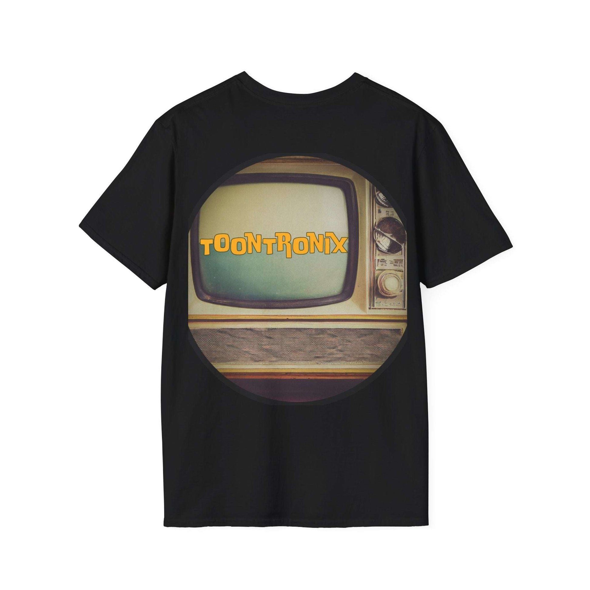 Nostalgic cartoon-themed Toontronix Atomic Tv Tee with retro TV design on black background.