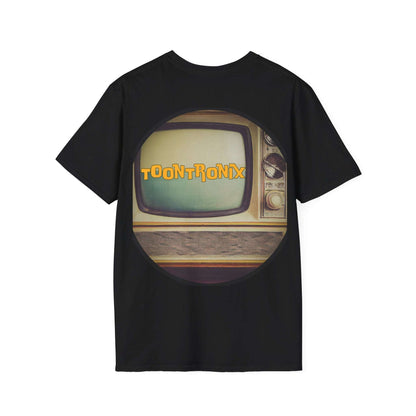Nostalgic cartoon-themed Toontronix Atomic Tv Tee with retro TV design on black background.