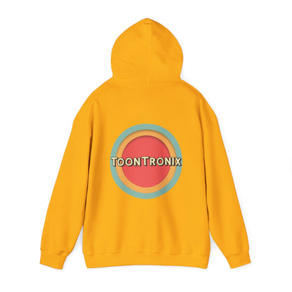 Unisex Toontronix Toons Logo Hoodie in yellow with kangaroo pouch and adjustable hood.