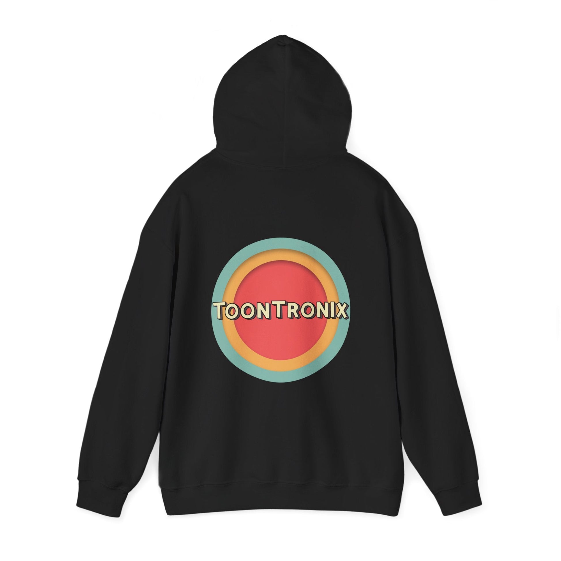 Unisex Toontronix Toons Logo Hoodie featuring a colorful graphic on the back, ideal for casual outings and cozy wear.