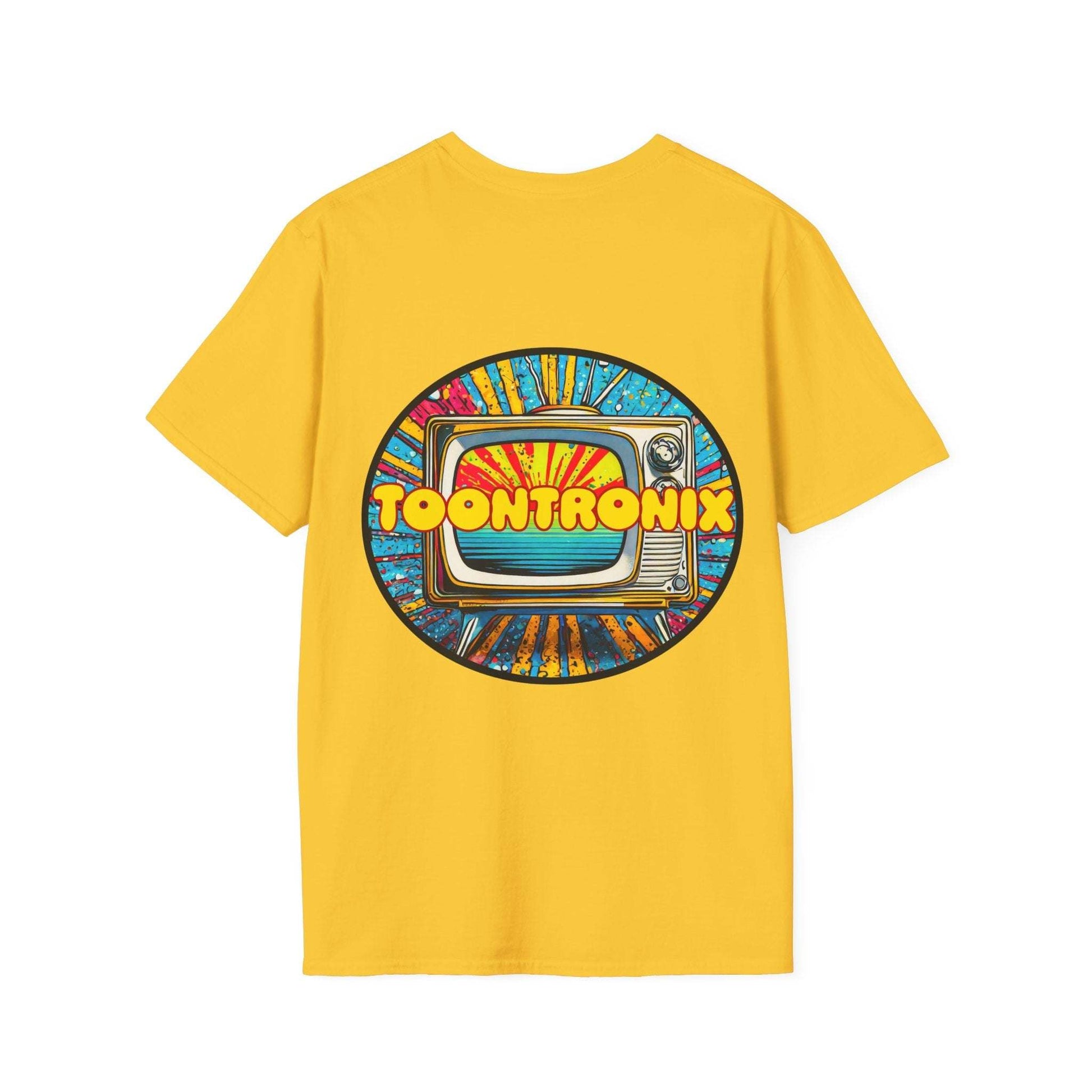 Yellow Toontronix Tv Tee Unisex Shirt with a colorful retro TV design.