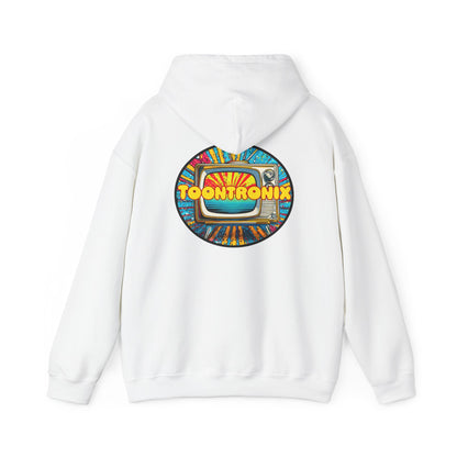 Unisex Toontronix TV Hoodie with vibrant back graphic, adjustable hood, and kangaroo pocket.