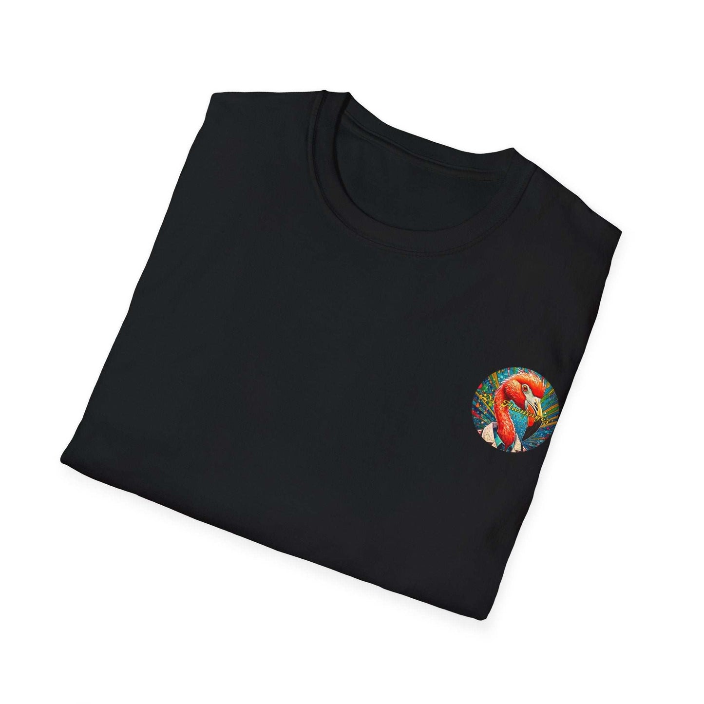 Vibrant Flamingo T-Shirt with colorful design on black fabric, unisex fit.