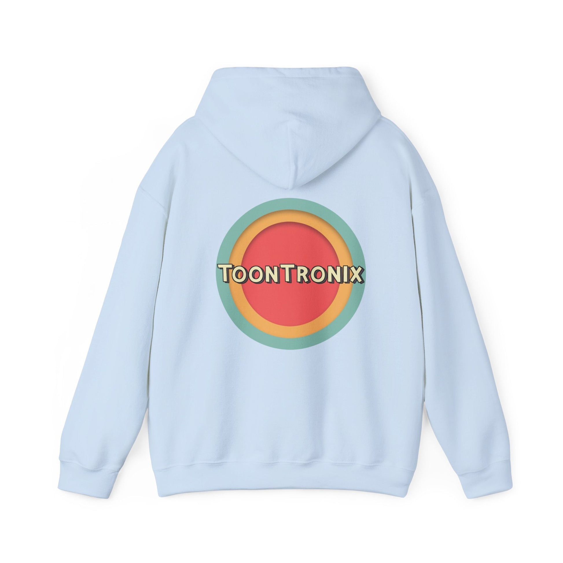 Unisex Toontronix Toons Logo Hoodie with kangaroo pocket and adjustable hood, ideal for cozy casual wear.
