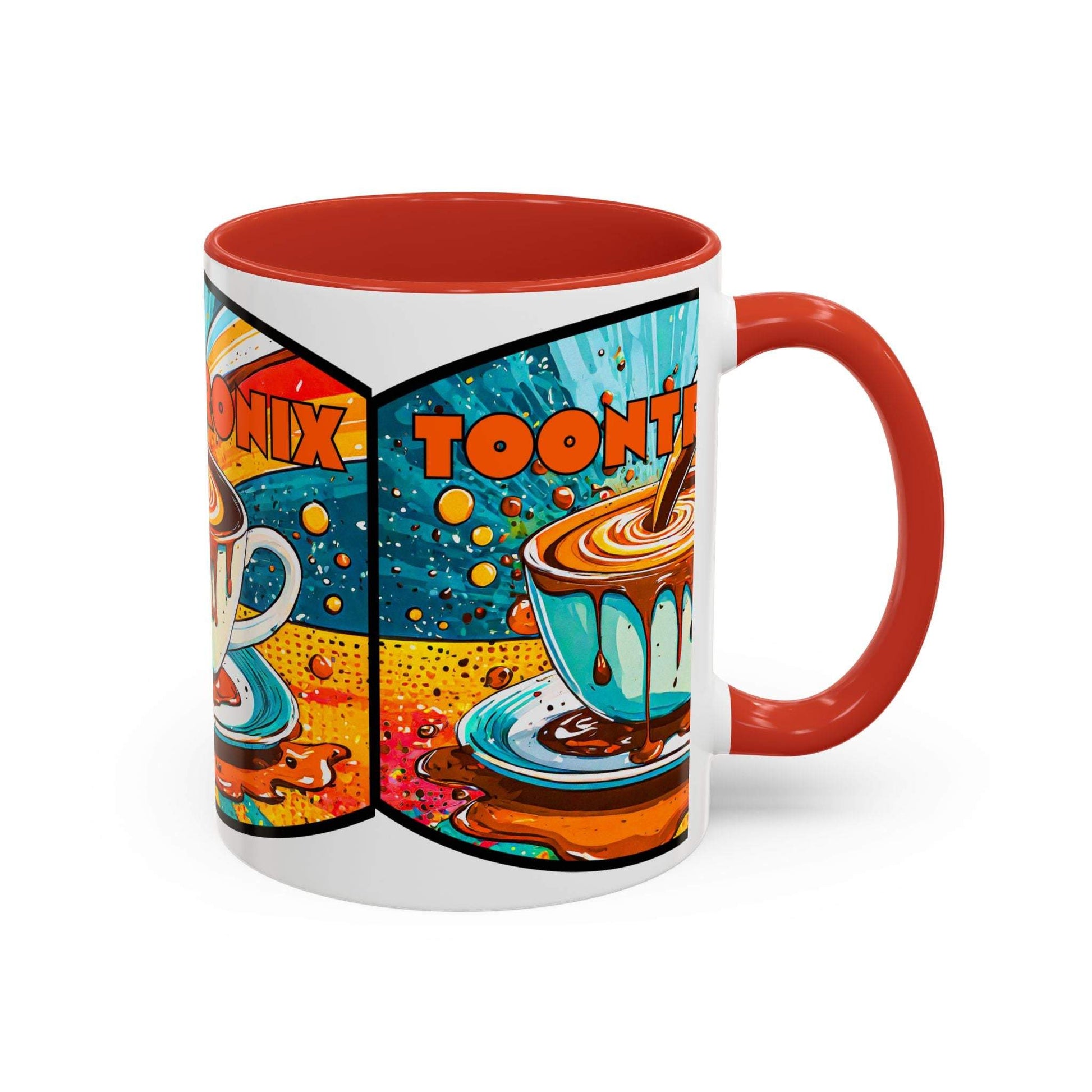 Vibrant Coffee Mug with colorful retro art design, ceramic, ideal for coffee lovers.