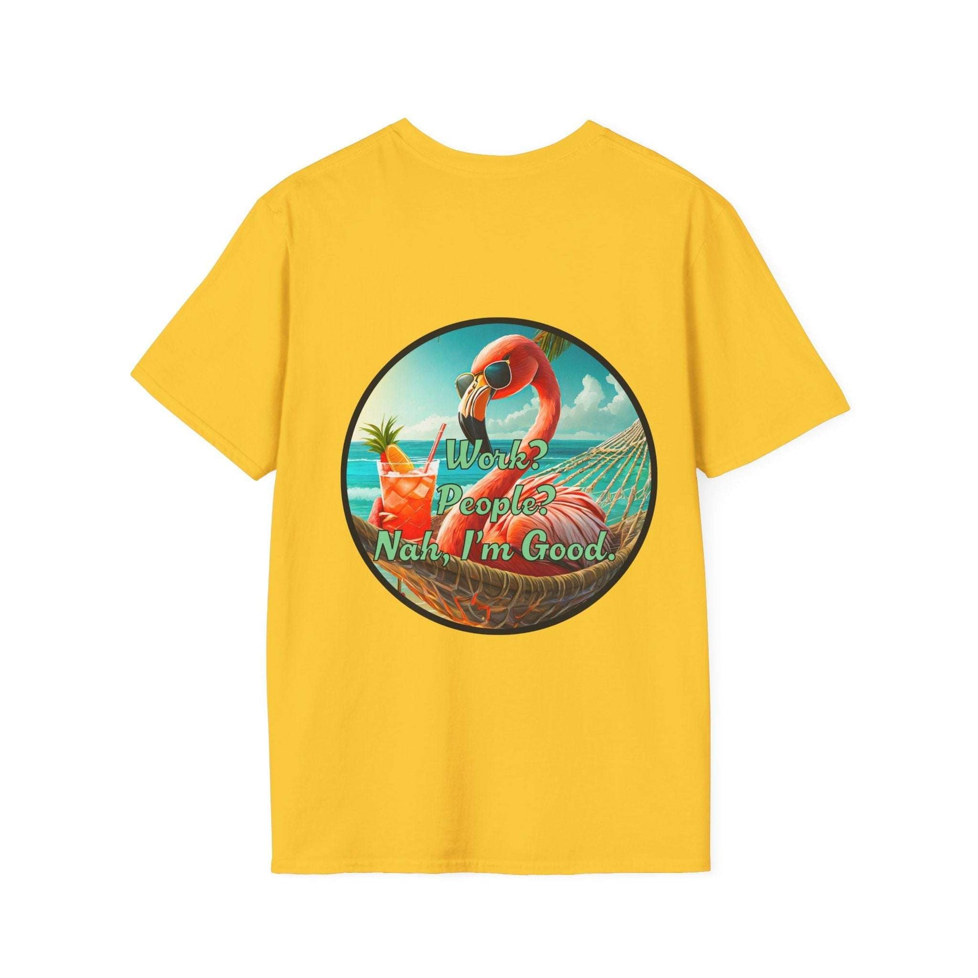 Vibrant Dr. Flamingoz Unisex T-Shirt with "Work, People, Nah I'm Good" design, perfect for summer, beachwear, and vacation essentials.