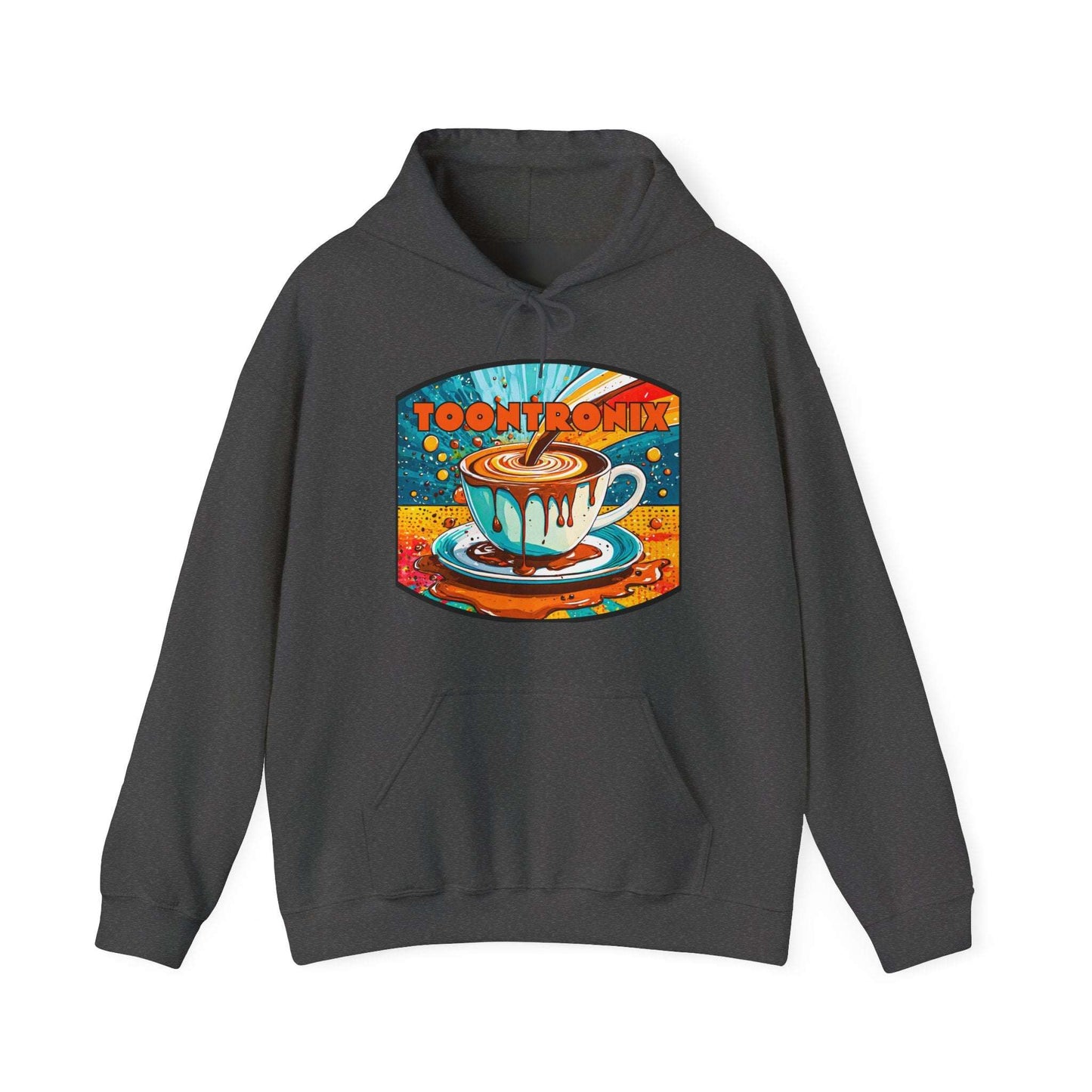 Unisex Toontronix Coffee Drip Hoodie with colorful coffee design, featuring kangaroo pocket and adjustable hood.