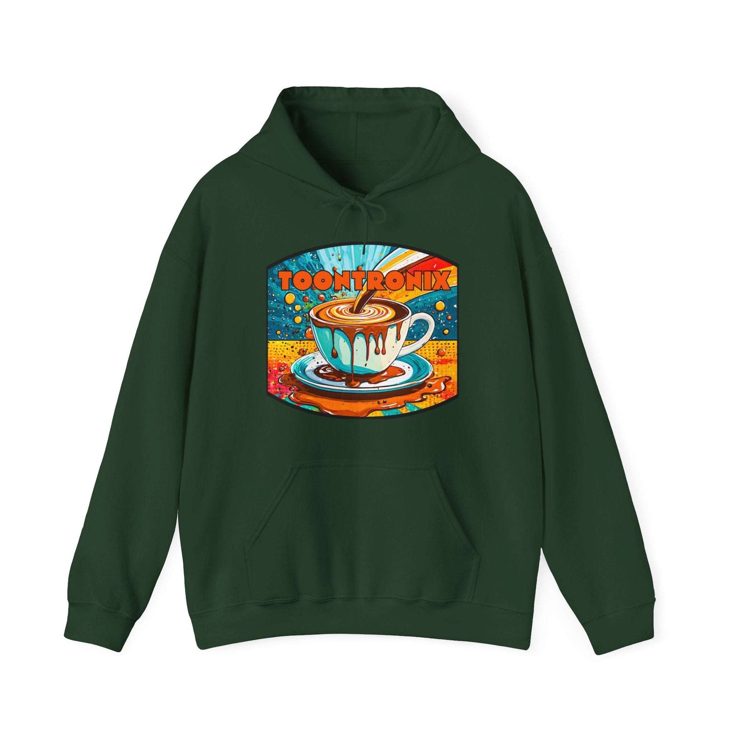Unisex Toontronix Coffee Drip Hoodie with vibrant design, classic fit, and kangaroo pocket.
