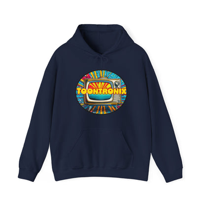 Unisex Toontronix TV Hoodie with vibrant design, spacious kangaroo pocket, and adjustable drawstring hood for comfort and style.