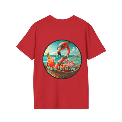 Vibrant Dr. Flamingoz unisex t-shirt with fun tropical design, classic fit, and ribbed collar.
