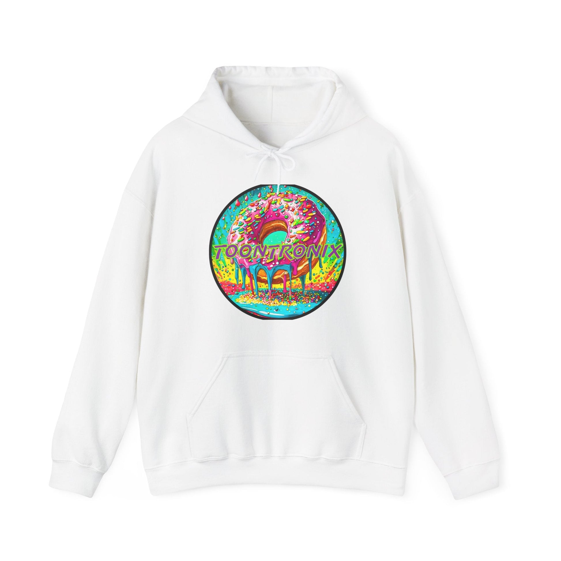 Unisex white Toontronix Donut Hoodie with colorful graphic design.