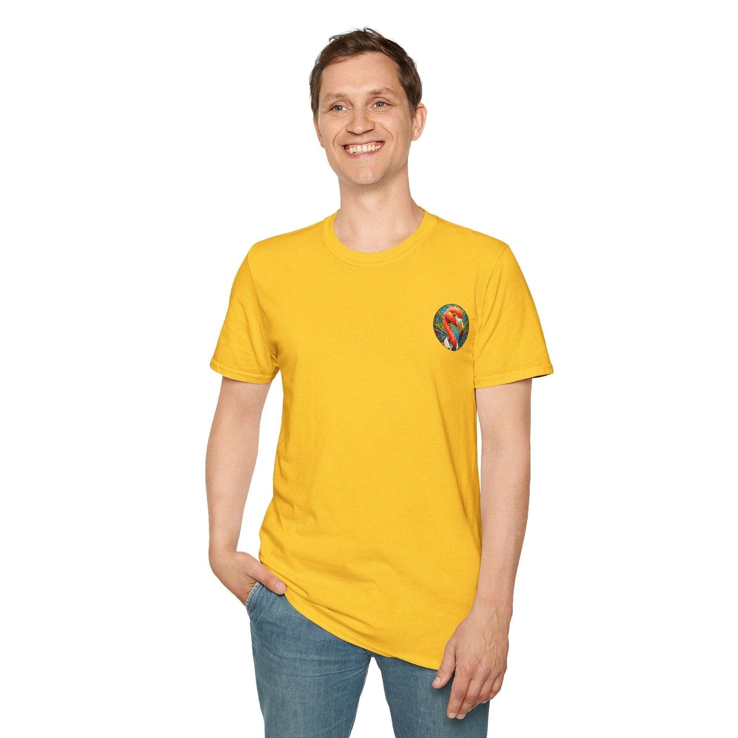 Vibrant Flamingo T-Shirt featuring classic fit and ribbed collar.