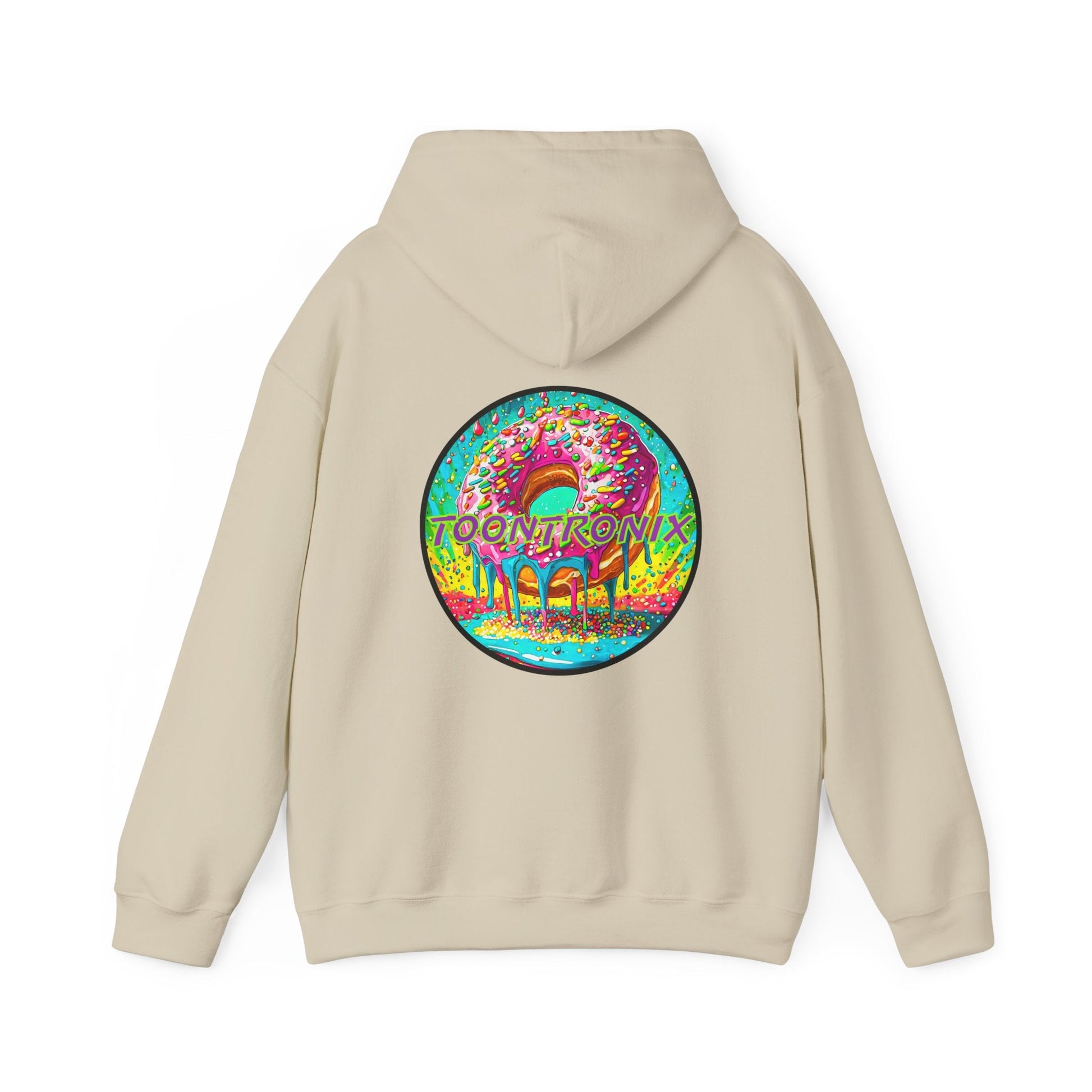 Unisex Toontronix Donut Hoodie with colorful design on back, featuring kangaroo pocket and drawstring hood.