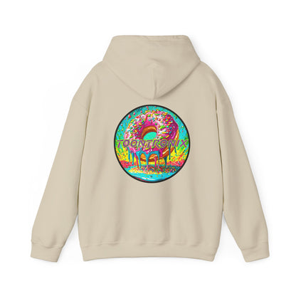 Unisex Toontronix Donut Hoodie with colorful design on back, featuring kangaroo pocket and drawstring hood.