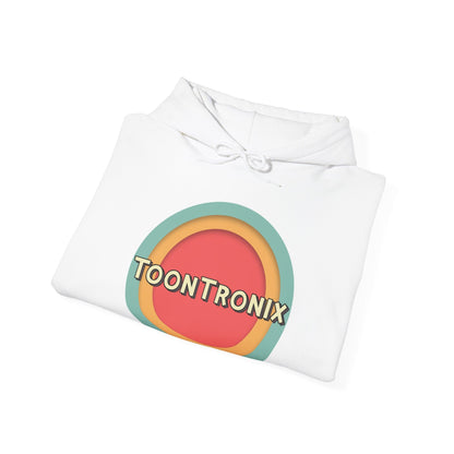 Unisex heavy blend Toontronix Toons Logo Hoodie with kangaroo pocket and drawstring hood.