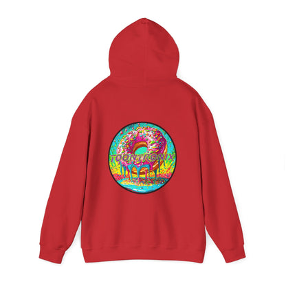 Toontronix Donut Hoodie in red featuring colorful back graphic design.