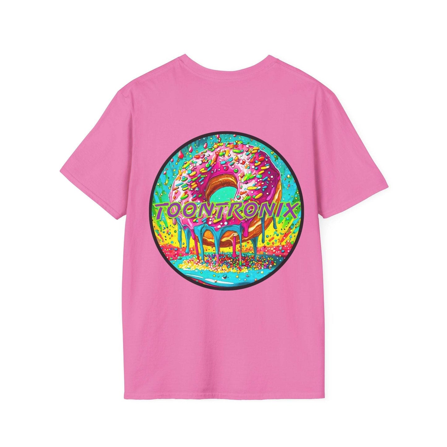 Toontronix Donut Tee unisex shirt with colorful donut graphic on pink fabric.