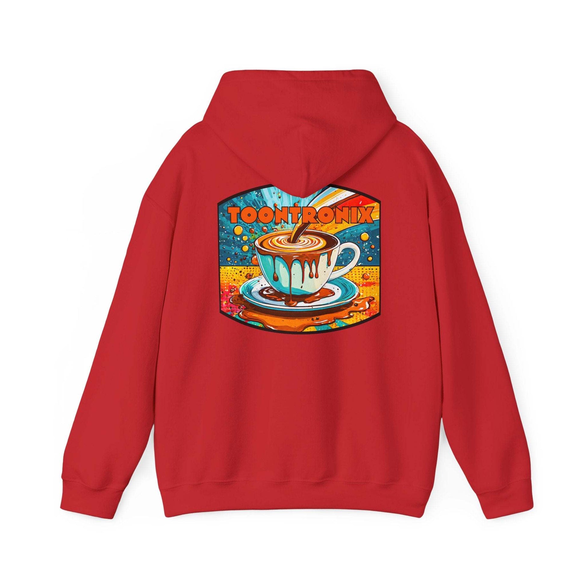 Unisex Toontronix Coffee Drip Hoodie with colorful coffee design, spacious pocket, and adjustable hood.